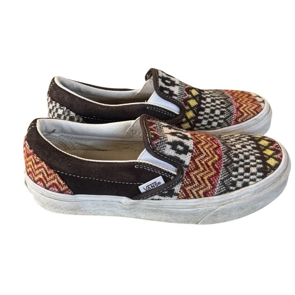 Vans Classic Slip On Fair Isle Brown Woven Textile Sneakers Size 3.5